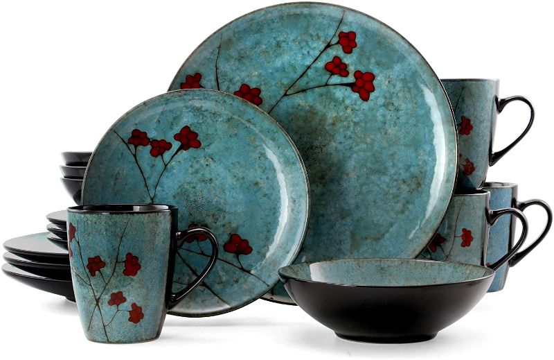 Photo 1 of Elama Round Stoneware Floral Dinnerware Dish Set, 16 Piece, Blue with Red Accents