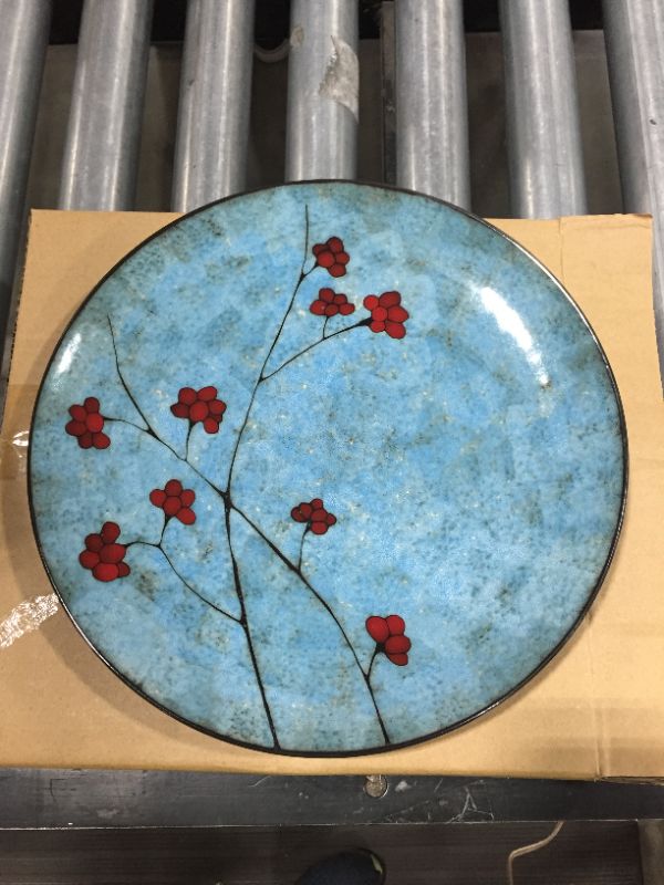Photo 2 of Elama Round Stoneware Floral Dinnerware Dish Set, 16 Piece, Blue with Red Accents
