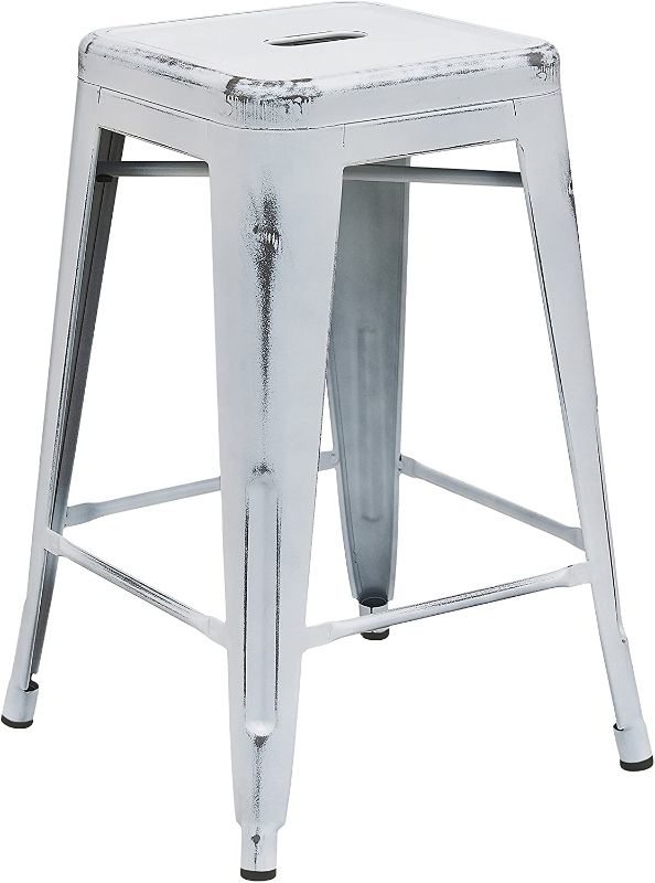 Photo 1 of Flash Furniture Commercial Grade 24" High Backless Distressed White Metal Indoor-Outdoor Counter Height Stool