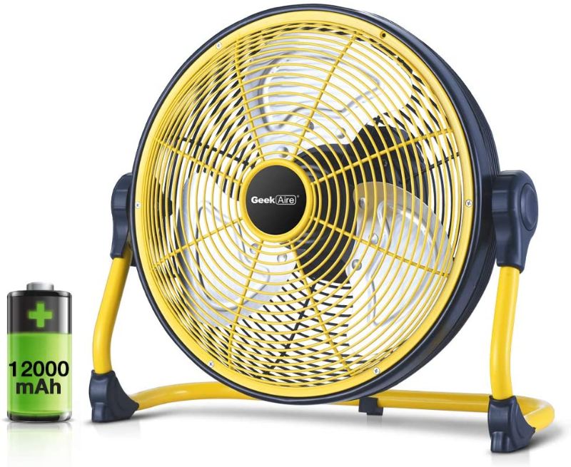 Photo 1 of Geek Aire Fan, Battery Operated Floor Fan, Rechargeable Powered High Velocity Portable Fan with Metal Blade, Built-in Durable Battery Run for Whole Day Time, for Camping Travel Hurricane, 12 Inch
