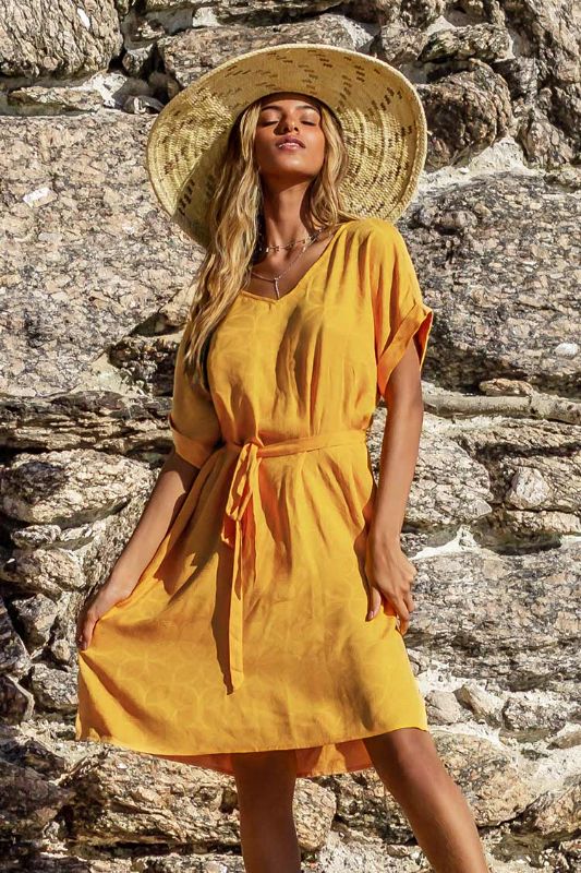 Photo 1 of  Women's (S) Yellow V-Neck Side Slit Dress
