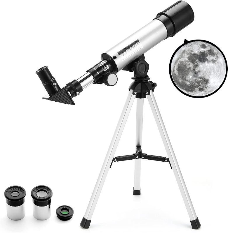 Photo 1 of Telescope for Kids, Astronomical Telescope Zoom 90X HD Outdoor Merkmak Educational Telescope with Tripod 360/50mm Spotting Scope for Kids Beginners (Silver)
