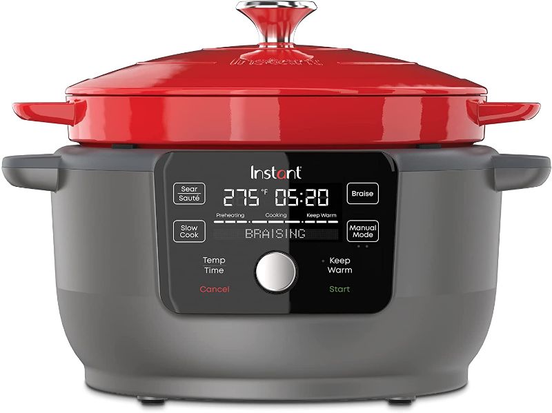 Photo 1 of Instant Electric Precision Dutch Oven, 5-in-1: Braise, Slow Cook, Sear/Sauté, Cooking Pan, Food Warmer, Enamel Coated, Cast Iron, 6-Quart, 1500W, Red
