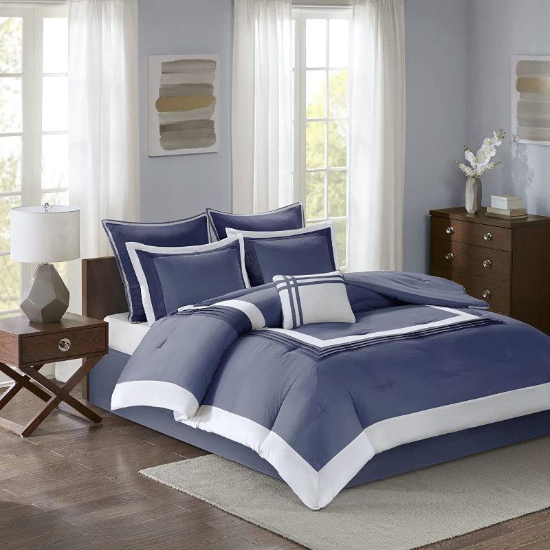 Photo 1 of Comfort Spaces Cozy Comforter Set-Modern Classic Design, All Season Down Alternative Bedding, Matching Shams, Bedskirt, Decorative Pillows, King(104 in x 90 in), Malcom, Hotel Deluxe Navy 7 Piece
