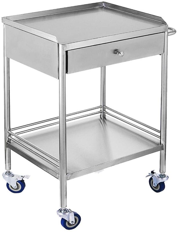 Photo 1 of 2 Layers Household Utility Carts, Stainless Steel Lab Cart Mobile Trolley Serving Equipment with Drawers and Silent Omnidirectional Wheel (Single Drawer)

