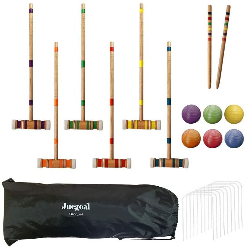 Photo 1 of Juegoal Six Player Croquet Set with Wooden Mallets Colored Balls for Lawn, Backyard and Park, 28 Inch
MISSING CARRYING BAG AND CROUET BALLS.