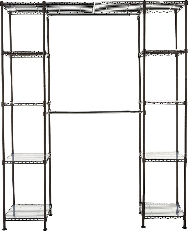 Photo 1 of Amazon Basics Expandable Metal Hanging Storage Organizer Rack Wardrobe with Shelves, 14"-63" x 58"-72", Bronze
