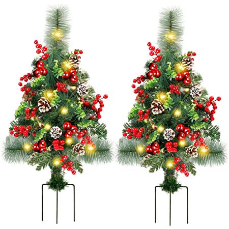 Photo 1 of GUOOU Set of 2 30 Inch Pre-Lit Pathway Christmas Trees, Outdoor Christmas Tree Decorations for Porch, Driveway, Yard, Garden, with 66 LED Lights, Red Berries, Pine Ones, Red Ball Ornaments
