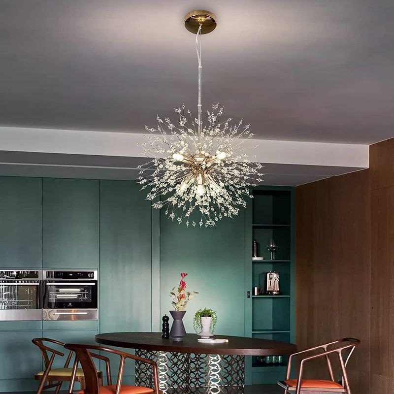 Photo 1 of HUOKU Chandelier Modern Crystal Pendant Lighting, Gold Dandelion Firework Chandelier 8-Light Ceiling Pendant Lamp for Dining Room, Bedroom, Kitchen, Living Room (Dia 15.8 Inch)
