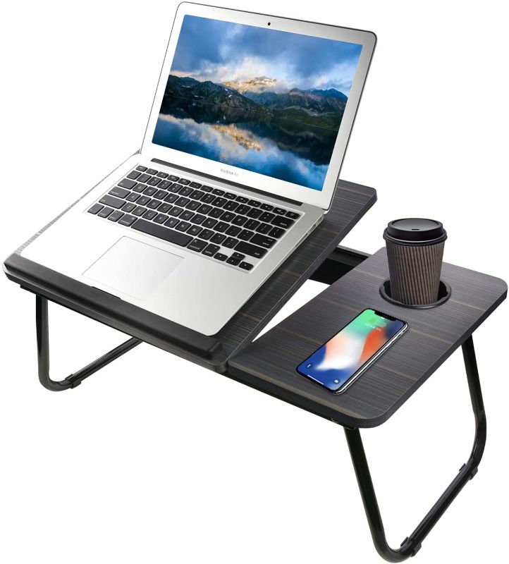 Photo 1 of Bed Desk with Cup Holder, Laptop Table for Bed Adjustable Portable Computer Tray for Bed, SMTTW Laptop Desk for Bed, Foldable Small Desk for Writing, Laptop Bed Tray for Bed and Sofa-Black
