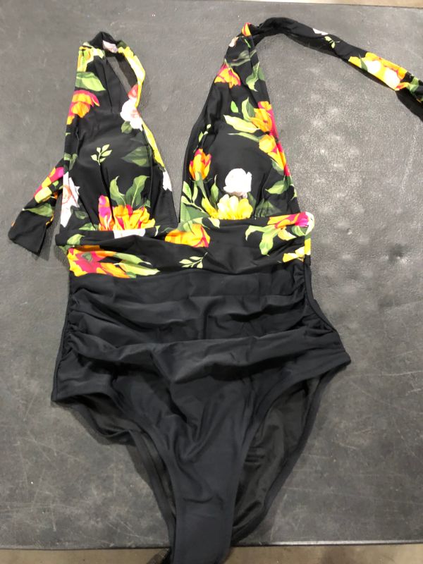 Photo 1 of Floral And Black Plunge Halter One Piece Swimsuit