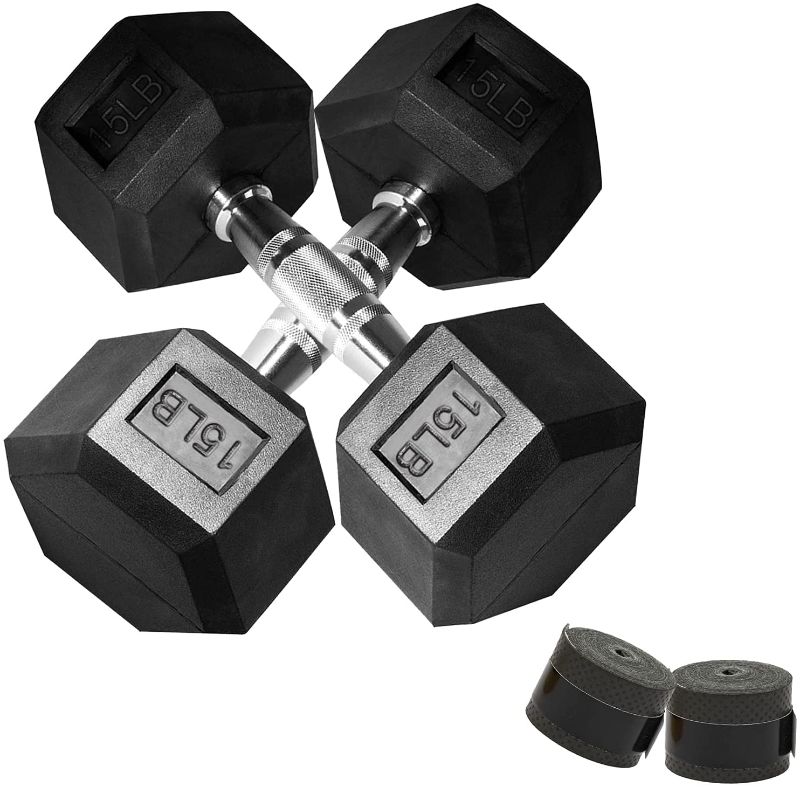 Photo 1 of DNC Rubber Hex Dumbbell Weight 15lb, with Metal Handle for Strength Training, 2 Pairs (Black, 15lb*2)