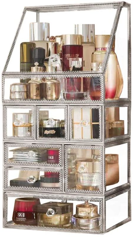 Photo 1 of Antique Spacious Mirror Glass Drawers Set/Metal Cosmetic Makeup Storage/Stunning Jewelry Cube Organizer. It Consists of 4Separate Organizers Dustproof (04setSilver) [FACTORY SEALED NEVER OPENED]
