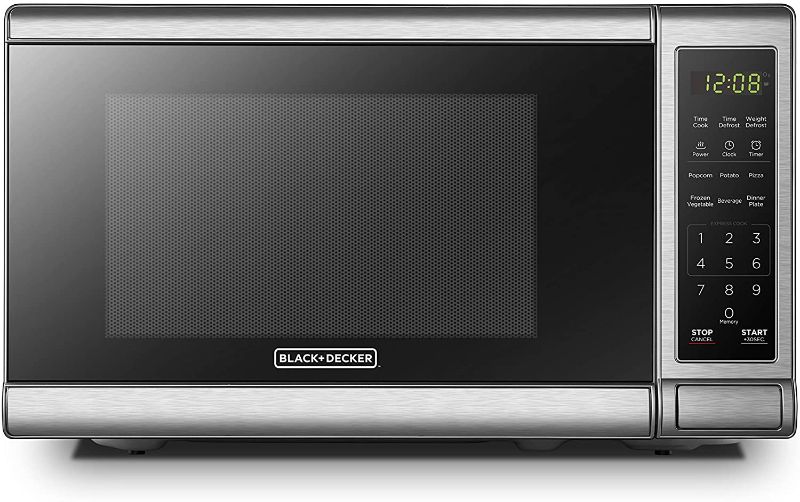 Photo 1 of Black+Decker EM720CB7 Digital Microwave Oven with Turntable Push-Button Door, Child Safety Lock, 700W, Stainless Steel, 0.7 Cu.ft
