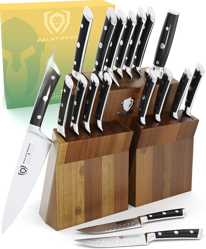 Photo 1 of DALSTRONG Knife Set Block - 18-Pc Colossal Knife Set - Gladiator Series -German HC Steel - Acacia Wood Stand (Black Handles) - NSF Certified [factory sealed, never opened]
