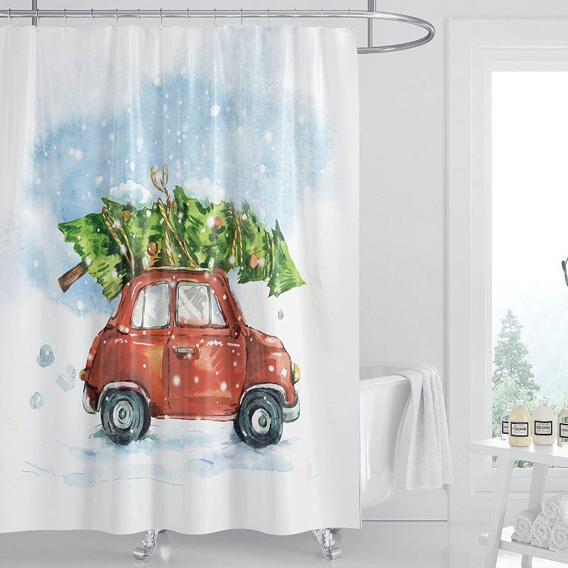 Photo 1 of Christmas Shower Curtains for BathroomRetro Style Car Christmastree Vintage Family Style Illustration Snowy Winter Art, Cloth Fabric ?with Hooks ?for Winter Home Decorations, 72 x 72 Inches [PACK OF FOUR]