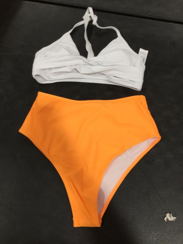 Photo 2 of Solid White Bikini With Orange High Waisted Bottom Med