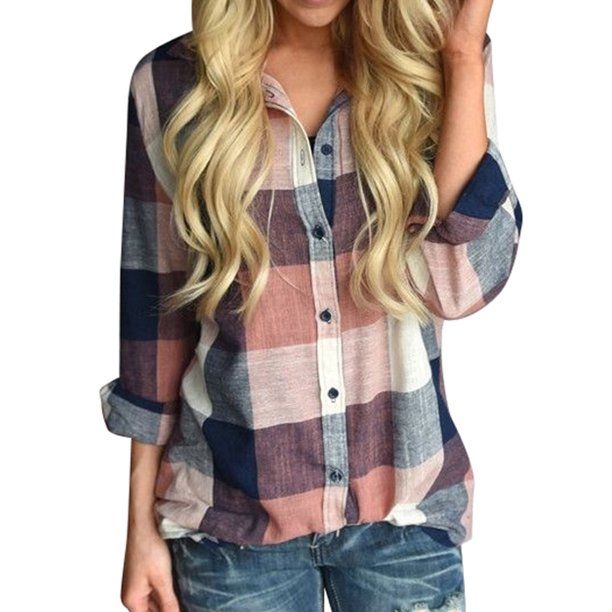 Photo 1 of Women Loose Spring Long Sleeve Blouses Flannel Plaid Shirt SM