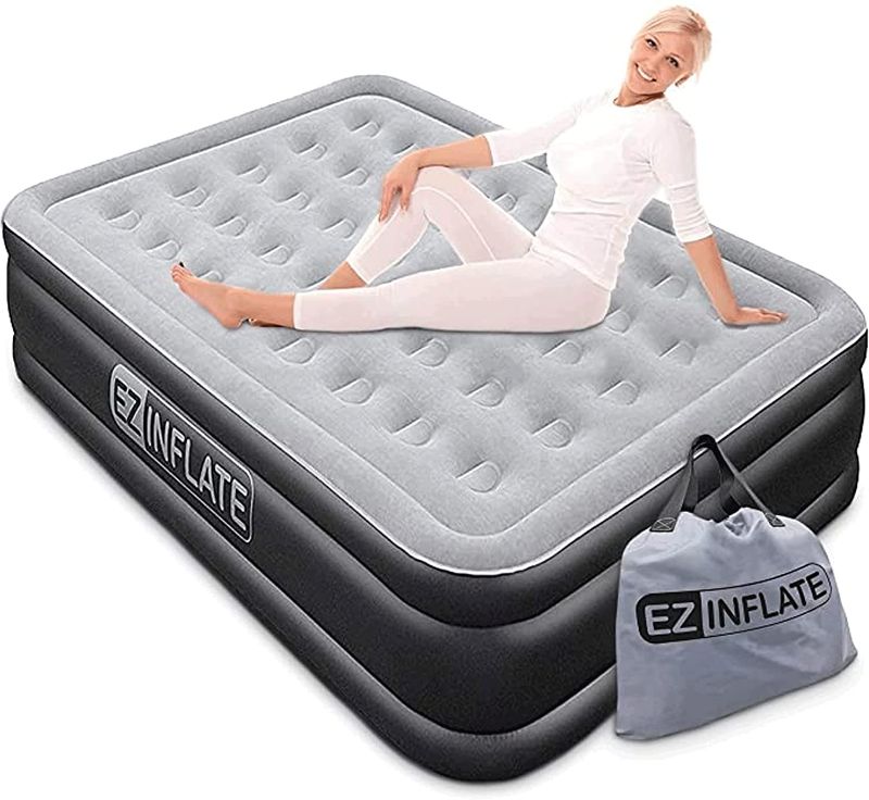 Photo 1 of EZ INFLATE Air Mattress with Built in Pump - Queen Size Double-High Inflatable Mattress with Flocked Top - Easy Inflate, Waterproof, Portable Blow Up Bed for Camping & Travel
