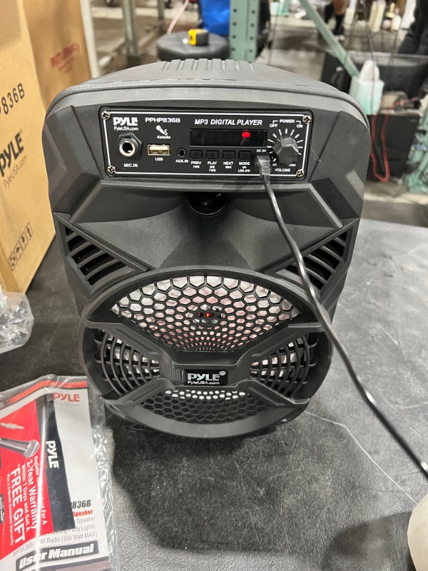 Photo 2 of Portable Bluetooth PA Speaker System - 300W Rechargeable Outdoor Bluetooth Speaker Portable PA System w/ 8” Subwoofer 1” Tweeter, Microphone In, Party Lights, MP3/USB, Radio, Remote - Pyle PPHP836B
