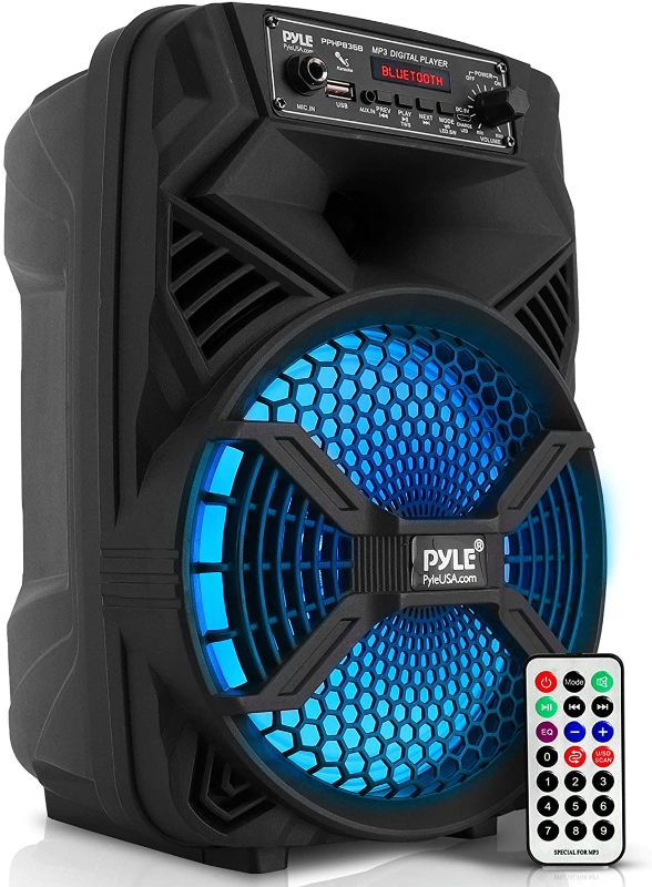 Photo 1 of Portable Bluetooth PA Speaker System - 300W Rechargeable Outdoor Bluetooth Speaker Portable PA System w/ 8” Subwoofer 1” Tweeter, Microphone In, Party Lights, MP3/USB, Radio, Remote - Pyle PPHP836B
