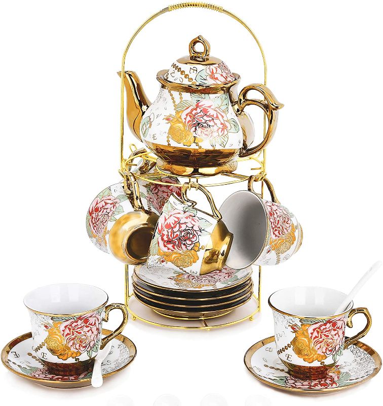 Photo 1 of DaGiBayCn European Ceramic Tea Set, Porcelain Tea Set with Metal Stand, Flower Tea Set, 150ml/Cup, 450ml/Pot (Large Version)
