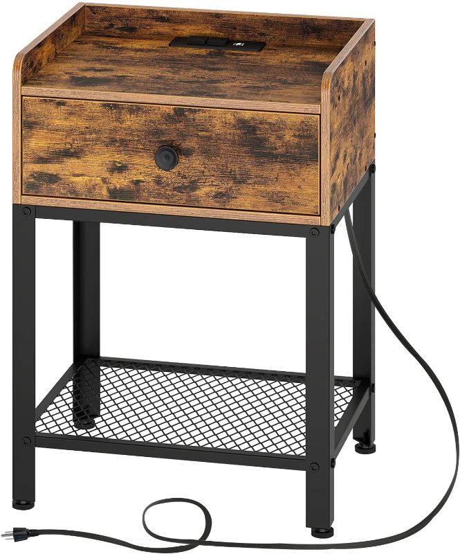 Photo 1 of Rolanstar Nightstand with Charging Station and USB Ports, Rustic End Table with Drawer and Metal Shelf for Bedroom, Living Room, Rustic Brown
