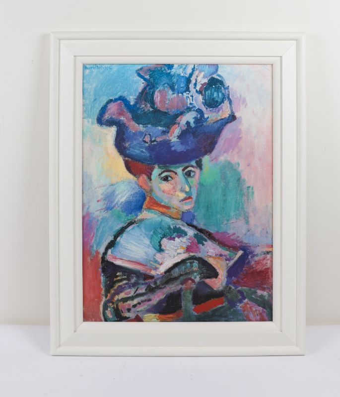 Photo 1 of HENRI MATISSE WOMAN WITH A HAT PRINT STYLE MULTICOLORED DECORATIVE ARTWORK APPROX 40 X 32 INCHES FRAMED IN WHITE