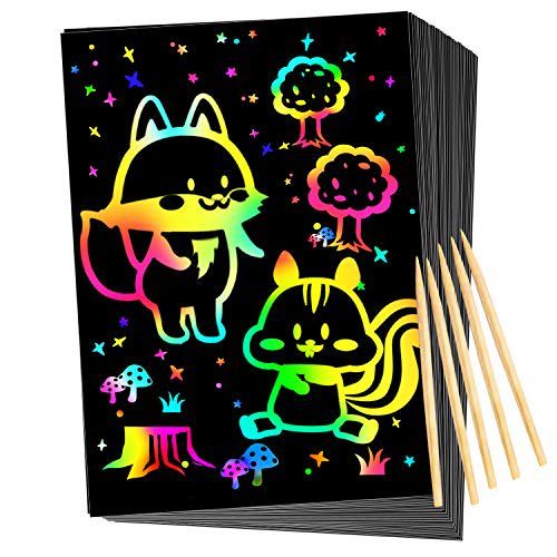 Photo 1 of Qxnew Scratch Rainbow Art for Kids: Magic Scratch off Paper Children Art Crafts Set Kit Supplies Toys Black Scratch Sheets Notes Cards