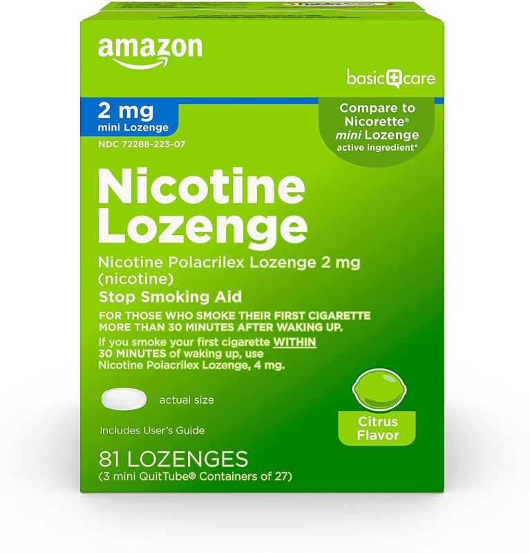 Photo 1 of Amazon Basic Care Mini Nicotine Polacrilex Lozenge, 2 mg (nicotine), Citrus Flavor, Stop Smoking Aid, Quit Smoking with Citrus Nicotine Lozenge, 81 Count
