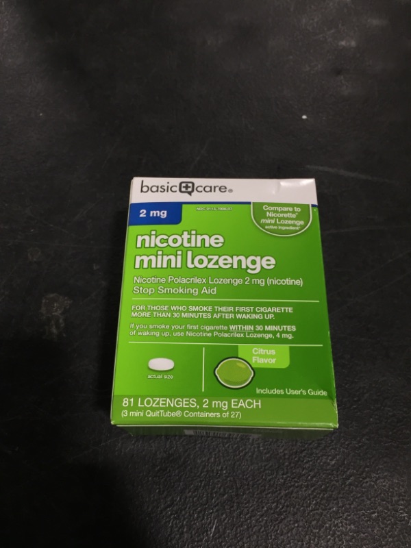 Photo 2 of Amazon Basic Care Mini Nicotine Polacrilex Lozenge, 2 mg (nicotine), Citrus Flavor, Stop Smoking Aid, Quit Smoking with Citrus Nicotine Lozenge, 81 Count
