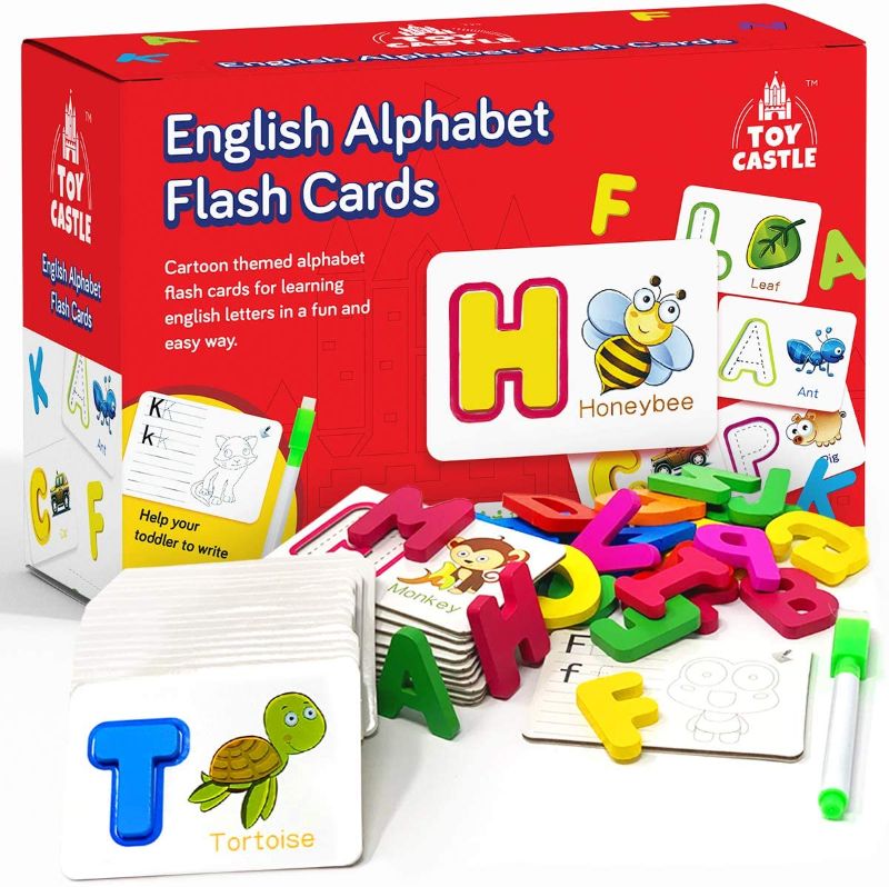 Photo 1 of TOY CASTLE English Alphabet Flash Cards, Toddler Toys Toddler Learning and Preschool Activities Montessori Toys for Toddlers, ABC Wooden Letters, Sight Words Flash Cards Kindergarten