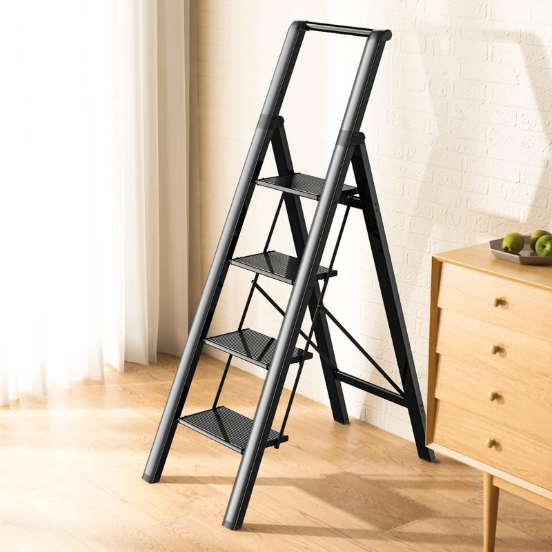 Photo 1 of 4 Steps Lightweight Aluminum Ladder Folding Step Stool Stepladders with Anti-Slip and Wide Pedal for Home and Kitchen Use Space Saving (Black)