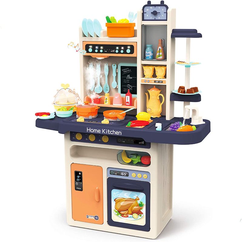 Photo 1 of JOYIN Little Kitchen Playset, Kids Play Kitchen with Realistic Lights & Sounds, Simulation of Spray, Play Sink with Running Water, Dessert Shelf Toy & Other Kitchen Accessories Set for Girls Boys