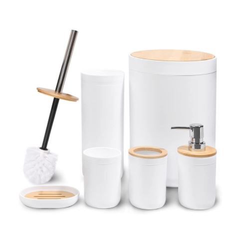 Photo 1 of CERBIOR Bamboo Bathroom Accessory Set, 6 Pieces Bath Set- Soap Dish Toothbrush Holder Rinse Cup Lotion Bottle Trash Can Toilet Brush - Practical Toilet Kit for Home Washing Room?White
