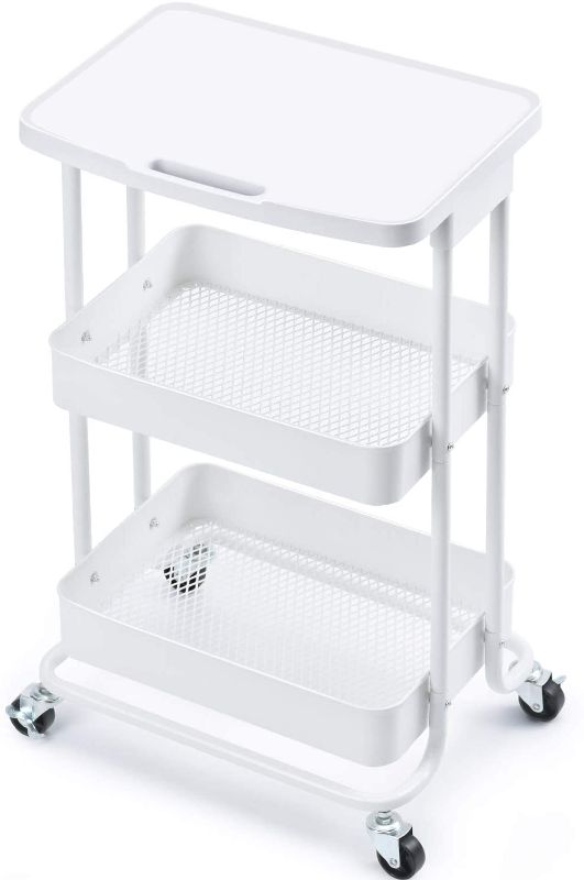 Photo 1 of TOOLF 3-Tier Metal Rolling Storage Cart with Practical Tabletop, 3-Tier Metal Serving Rolling Cart with Contral Handle,Trolley Organizer with Locking Wheels for Library Office Classroom Home Dedroom
