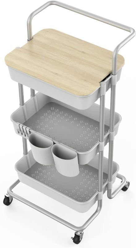 Photo 1 of DTK 3 Tier Utility Rolling Cart with Cover Board, Rolling Storage Cart with Handle and Locking Wheels Kitchen Cart with 2 Small Baskets and 4 Hooks for Bathroom Office Balcony Living Room(WHITE)
