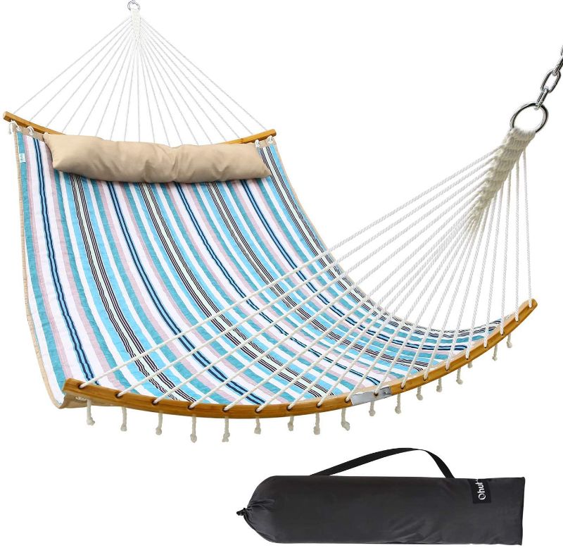 Photo 1 of Double Hammock Swing Quilted Fabric, Ohuhu 2 Person 11 FT Portable Hammocks with Folding Bamboo Spreader Bar & Pillow, Large Hammock Bed for Indoor Outdoor, Tree Hammock for Yard Porch Garden Balcony

