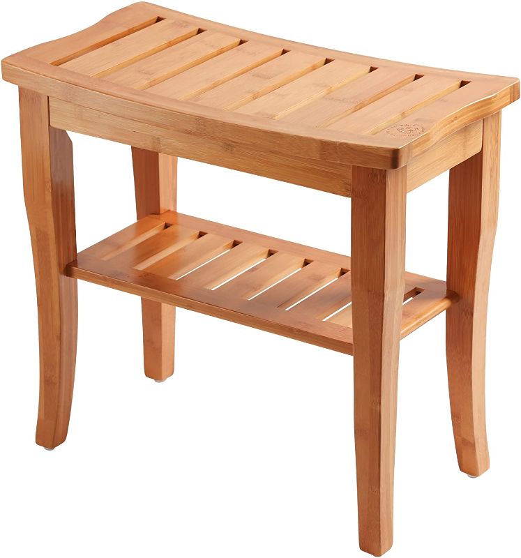 Photo 1 of Bamboo Shower Bench Spa Stool - Wood 2-Tier Seat, Foot Rest Shaving Stool with Non-Slip Feet + Storage Shelf, Organizer for Shampoo, Towels Shoes - for Bathroom, Living Room, Bedroom and Garden Decor
