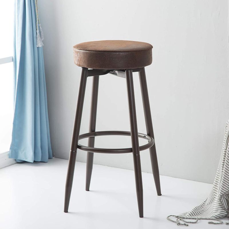 Photo 1 of DYH Bar Stools Counter Height, Swivel Kitchen Counter Stool, Industrial Backless Round Barstool with Cushion, 24 or 29 Inch Brown 1 Piece
