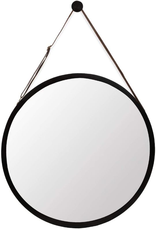 Photo 1 of Hanging Round Black Wall Mirror - Circle Bamboo Frame 15 Inch & Adjustable Leather Strap, Makeup Vanity Dressing
