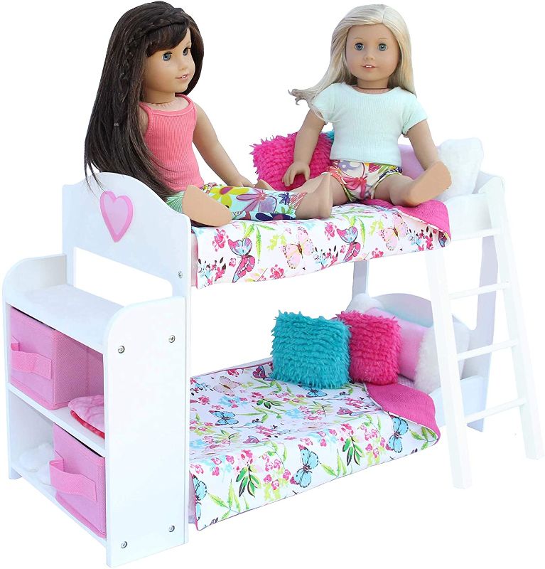 Photo 1 of PZAS Toys Doll Bunk Bed - Doll Bunk Bed for 18 Inch Dolls 23 Piece Set Complete with Linens, Pajamas, and Shelves, Fits American Girl Doll
