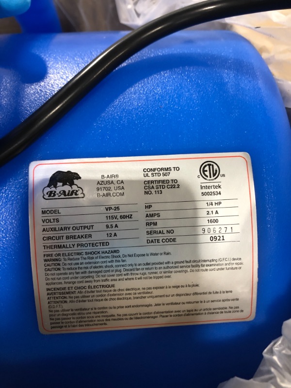 Photo 3 of B-Air VP-25 1/4 HP 900 CFM Air Mover for Water Damage Restoration Equipment Carpet Dryer Floor Blower Fan Home and Plumbing Use, Blue
