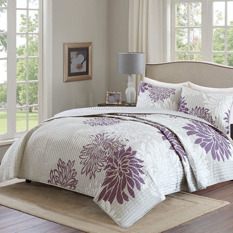 Photo 1 of Comfort Spaces  Enya 3 Piece Quilt Coverlet Bedspread Ultra Soft Floral Printed Pattern Bedding Set, King, Purple-Grey
