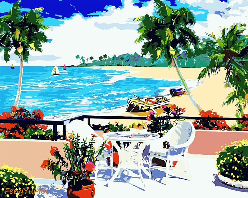 Photo 1 of 2 pack- iCoostor Paint by Numbers DIY Acrylic Painting Kit for Kids & Adults- Beach Villa Pattern (16" Wx20 L)
