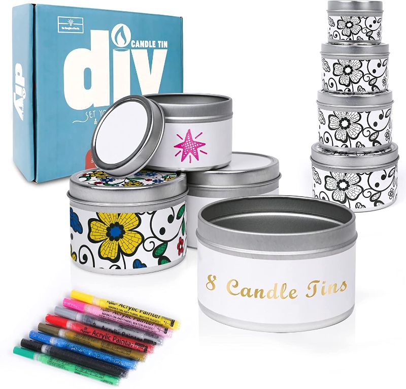 Photo 1 of Candle Tins with Lids DIY Decorating 8oz - 16 Metal Candle Tins for Making Candles & 8 Coloring Tools - 2 oz, 4 oz, 6 oz & 8 oz Candle Tins - for Arts & Crafts, Storage & Homemade Candles
