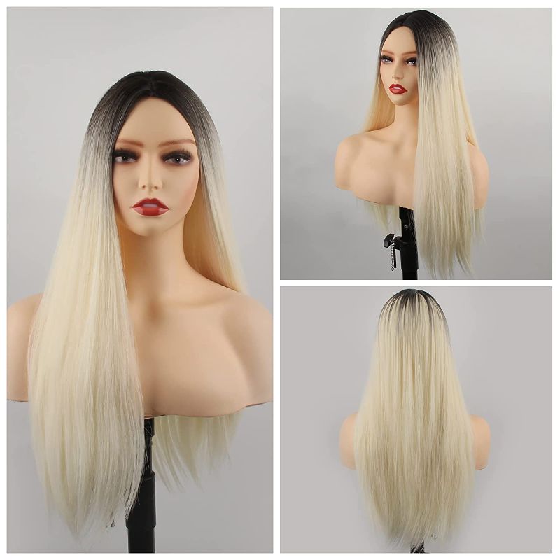 Photo 1 of Long Ombre Blonde Lace Front Wig Straight Synthetic Headband Wigs for Women Dark Roots Heat Resistant Wigs for Cosplay Daily Party 24'' Use For Fashion Women(wg-001)
