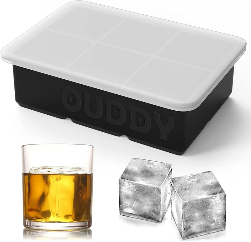 Photo 1 of 2 pack- Ouddy Ice Cube Tray, Silicone Ice Trays for Freezer with Lid Flexible 6 Cavity Large Ice Cube Trays for Cocktails & Whiskey & Homemade, Keep Drinks Chilled - Black
