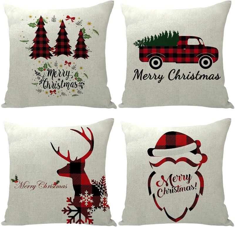 Photo 1 of Christmas Throw Pillow Covers 18x18 Set of 4,Christmas Buffalo Plaid Farmhouse Decor Cushion Cover for Living Room, Couch,Bed (Red & Black, 18 X 18 inches)