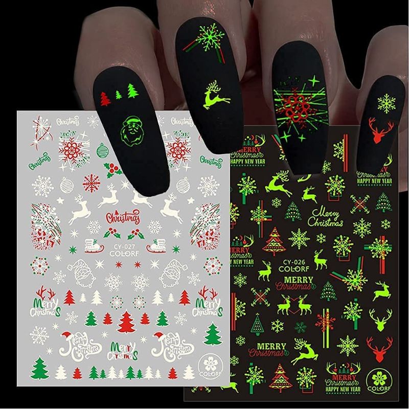 Photo 1 of 3pk 9 Sheets Christmas Luminous Nail Art Stickers Santa Claus Snowflakes Snowman Reindeer Christmas Tree Hat Nail Art Decals 3D Self-Adhesive Nail Designs DIY Nail Decoration Supplies for Women Girls Kids